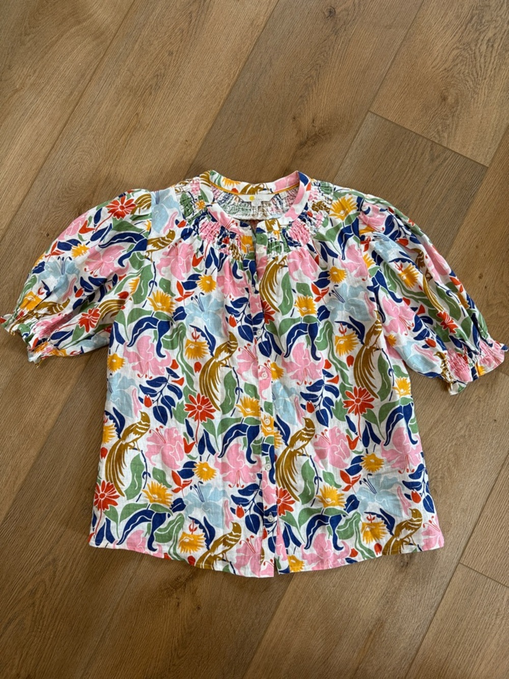 Boden Linen Floral Button-Front Top in Pink, Blue & Brown - Picture 2 of 7